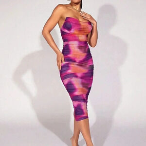 Multicolor Preppy Women's Sleeveless Bandeau Bodycon Ruched Dress